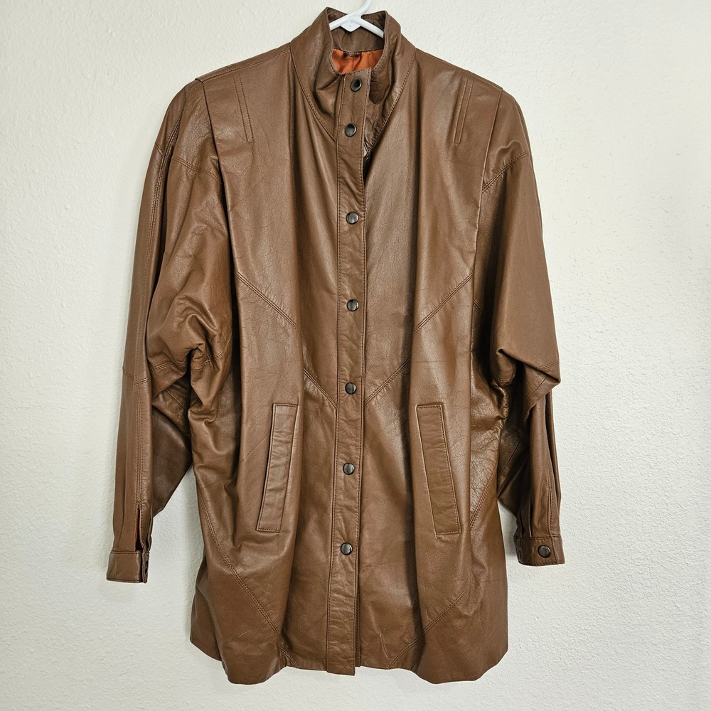 Braefair Vintage Brown Genuine Leather Jacket Mid Length Snap Front Cognac